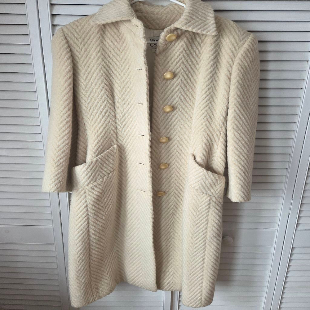 Women's Nipon Couture Cream & Beige Herringbone Llama Wool Coat Size 8 - Picture 6 of 14